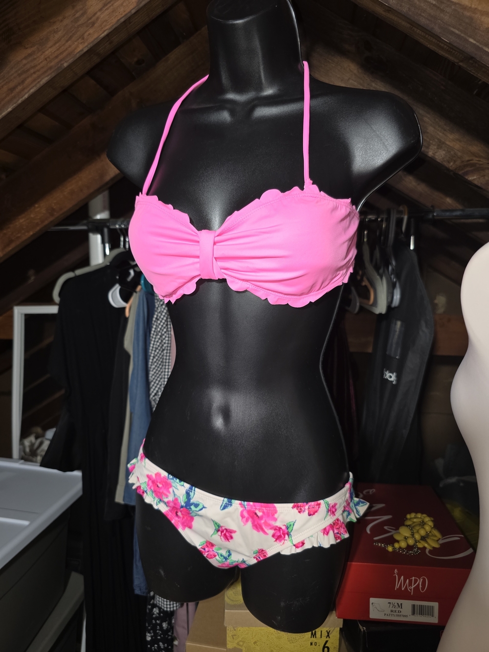La Hearts Hot Pink Halter Bikini with Floral Ruffle Bottoms